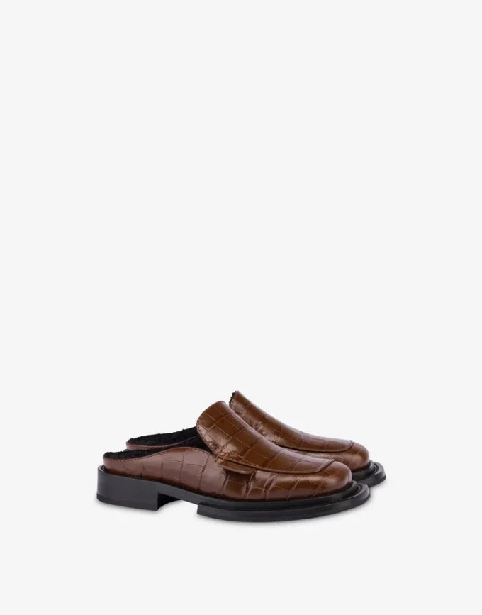 Crocodile-print calfskin clogs