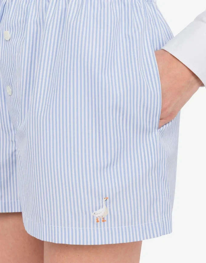 Striped Poplin Shorts Goose Embroidery